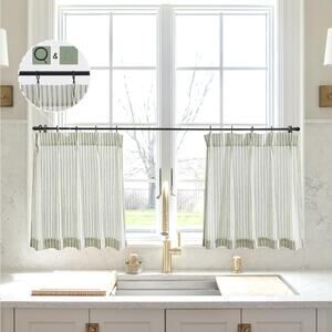 LIMON HOME Striped Sage Green Pinch Pleat Small Kitchen Window Curtains 20"x 24"
